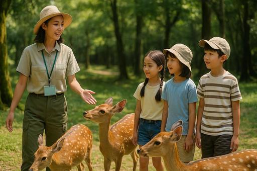 子供と鹿に囲まれるガイドの写真