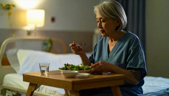 座って食事をするシニア女性の患者 座って食事をするシニア女性の患者の写真