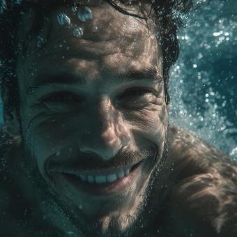 プールで楽しむ笑顔の男性の写真