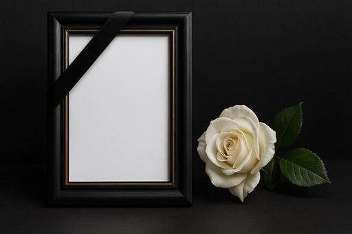 白いバラと遺影用の黒額縁・告別式・葬儀の写真
