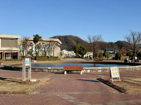 冬の武生中央公園　噴水 冬,大木,西日の写真素材