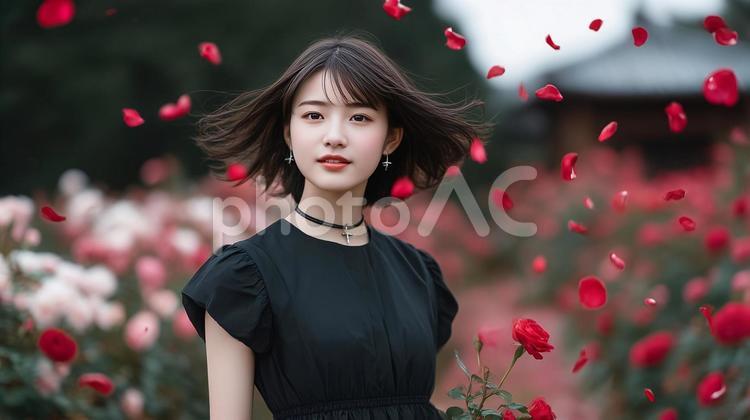 薔薇園と黒髪の女性 女性,バラ,薔薇の写真素材