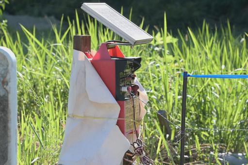 猪や鹿による獣害対策のソーラー式電気柵 ソーラー,バッテリー,電気柵の写真素材