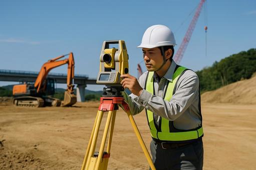 重機そばで測量作業をする男性 重機そばで測量作業をする男性の写真