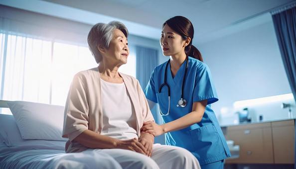 帰宅願望が強い高齢女性患者と励ます看護師 帰宅願望が強い高齢女性患者と励ます看護師の写真