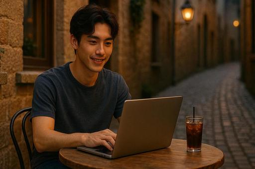 路地裏のカフェでリモートワークする男性 路地裏のカフェでリモートワークする男性の写真