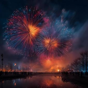 花火が闇夜を照らし、人々の影が揺らめく 花火が闇夜を照らし、人々の影が揺らめくの写真