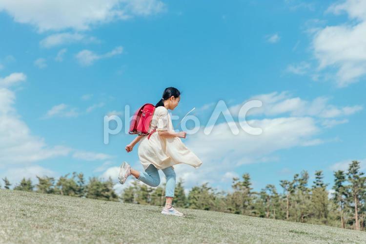 公園で走る小学生の女の子（ジャンプ） 小学生,ジャンプ,子供の写真素材