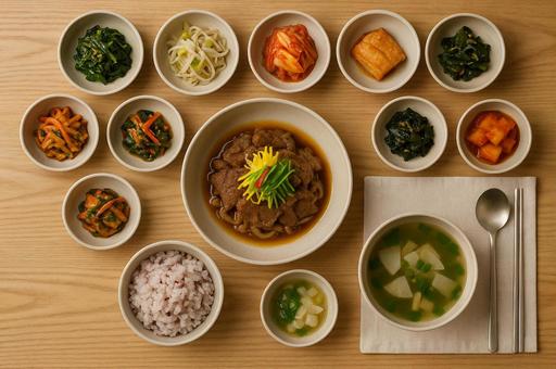 韓定食が並ぶテーブル 韓定食が並ぶテーブルの写真