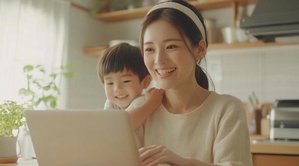在宅ワークを楽しむママと子供の笑顔 在宅ワークを楽しむママと子供の笑顔の写真