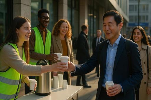 朝の通勤に笑顔を添えるコーヒー 朝の通勤に笑顔を添えるコーヒーの写真