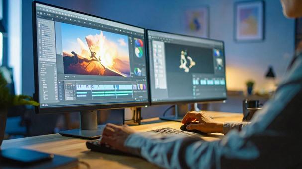 Man A working on a PC with two screens, pc, monitor, 2 screens, JPG