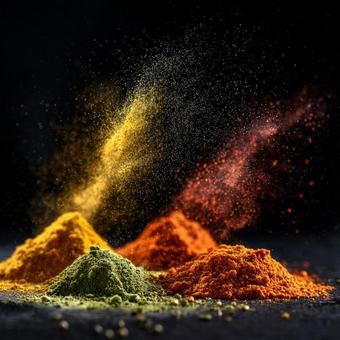 黒背景に舞うカラフルなスパイスの爆発の写真