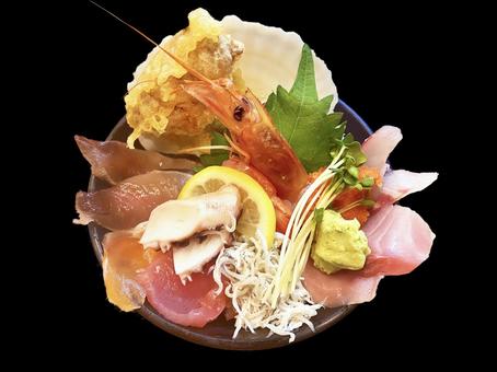 Photo, bowl of rice topped with sashimi, sashimi, bowl, 