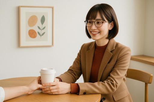 飲み物を受け取る女性 飲み物を受け取る女性の写真