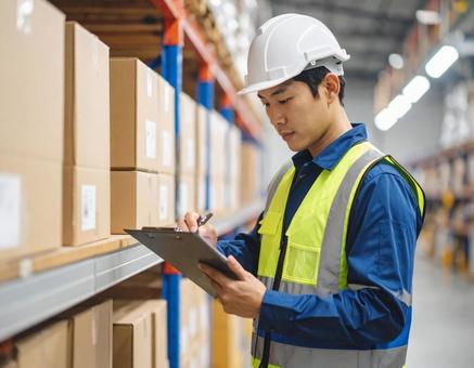 倉庫で在庫をチェックする男性作業員の写真