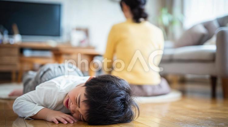 イヤイヤ期の男の子と呆れる母親 男の子,イヤイヤ期,母親の写真素材