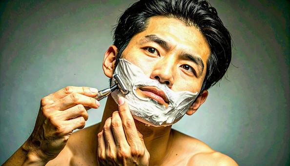 髭剃りをする男性 髭剃りをする男性の写真