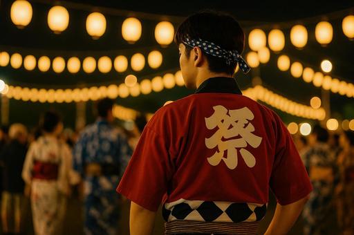 法被と提灯に包まれる盆踊り会場の情景 法被と提灯に包まれる盆踊り会場の情景の写真