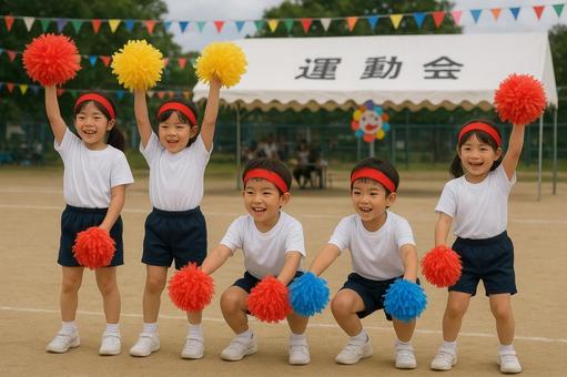 運動会 ボンボンで踊る子供たち 運動会 ボンボンで踊る子供たちの写真