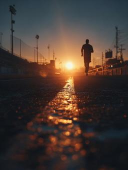 夕焼けの光の中を走る男性のシルエット 夕焼けの光の中を走る男性のシルエットの写真