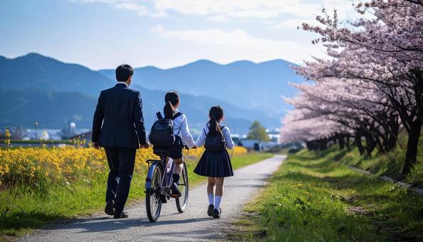 自転車を押して歩く制服の子供とお父さんの写真