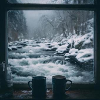 雪が降る冬の朝に並ぶコーヒーカップの風景 雪が降る冬の朝に並ぶコーヒーカップの風景の写真