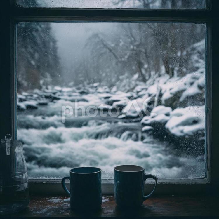 雪が降る冬の朝に並ぶコーヒーカップの風景 冬,雪,川の写真素材