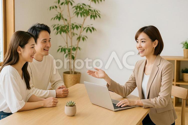 オフィスで夫婦と打ち合わせをする女性 女性,ファミリー,夫婦の写真素材