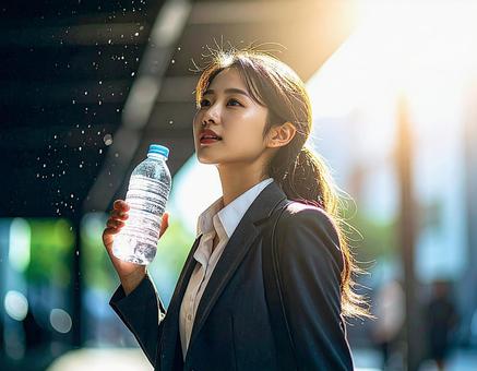 猛暑に水分補給をする女性ビジネスマンの写真