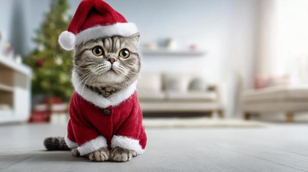 サンタクロースの格好をした猫の写真
