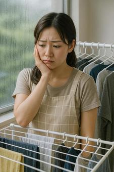 雨で洗濯物が乾かなくて困っている女性 雨で洗濯物が乾かなくて困っている女性の写真