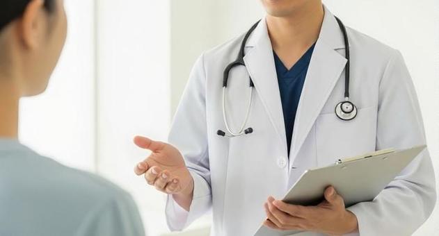 患者に説明をするアジア人医師の写真