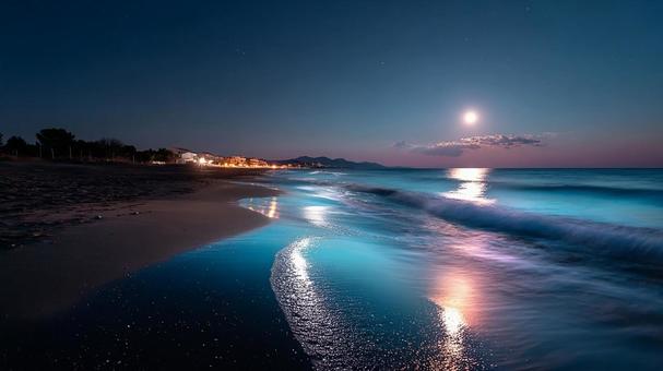 ロマンチックな夜景:波の音が響く浜辺 ロマンチックな夜景:波の音が響く浜辺の写真