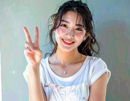 ピースサインをする笑顔の女性 ピースサインをする笑顔の女性の写真