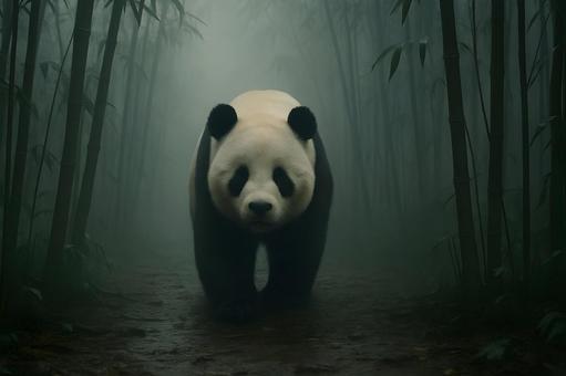 竹林の霧に佇むパンダ 竹林の霧に佇むパンダの写真