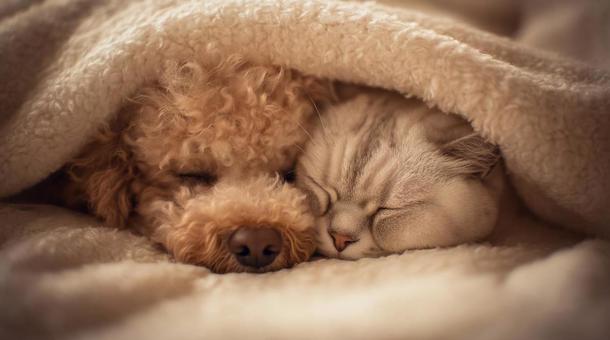 毛布で眠る犬と猫の寄り添い・寝顔・仲良しの写真