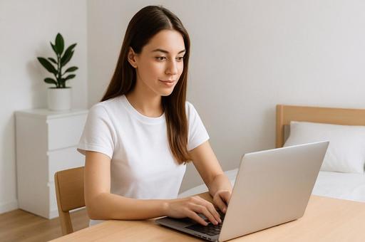 ミニマリスト部屋でノートPCに向かう女性 ミニマリスト部屋でノートPCに向かう女性の写真
