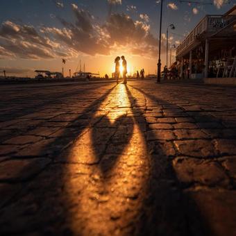 夕日のシルエットと影が美しい恋人の散歩 夕日のシルエットと影が美しい恋人の散歩の写真