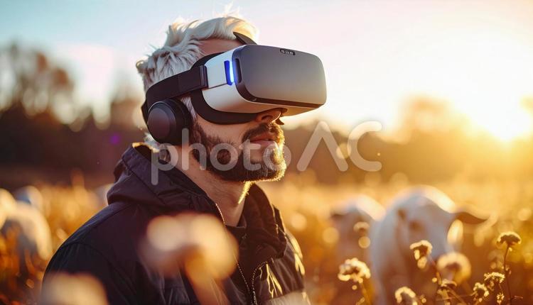 草原の中でVRゴーグルをかけた男性 男性,バーチャルリアリティ,vrゴーグルの写真素材