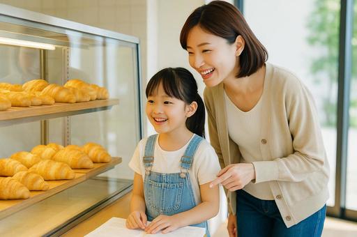 親子でパンを買いにきた様子 親子でパンを買いにきた様子の写真