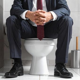洋式トイレに座るビジネスマン 洋式トイレに座るビジネスマンの写真