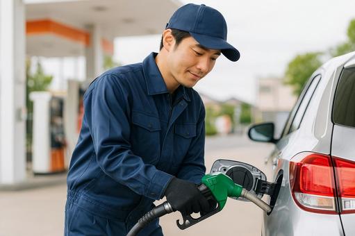 ガソリンスタンドスタッフが給油中 ガソリンスタンドスタッフが給油中の写真