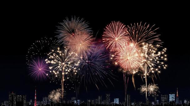 東京の夜景と夜空に広がる美しい花火 東京の夜景と夜空に広がる美しい花火の写真