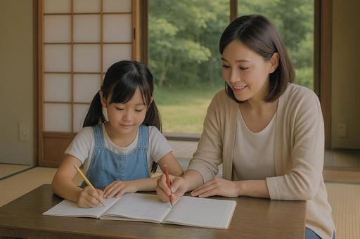 夏休みの宿題をする親子 夏休みの宿題をする親子の写真
