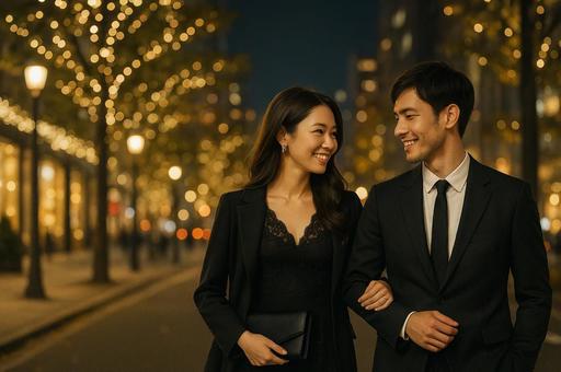 イルミネーションを背景にデートする男女 イルミネーションを背景にデートする男女の写真