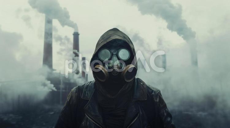 煙に包まれた工場地帯 ガスマスク,フード,煙の写真素材