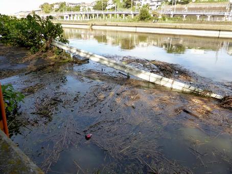 増水で下りるスロープまで浸水した遊水池 遊水池,水,川の写真素材