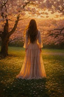 夕暮れの桜に包まれる女性 夕暮れの桜に包まれる女性の写真