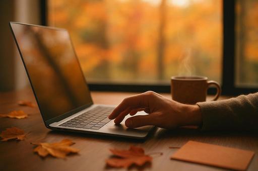 紅葉を背景にしたデスクワークと手元の写真